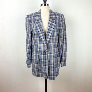 Vtg 90s Womens 14 Lands End Blue Gray Plaid Blazer Linen Cotton Boyfriend Career